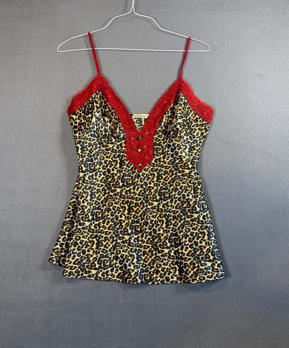 Y2K Intimate Forever Cami Size L Leopard Print Red Lace Trim
